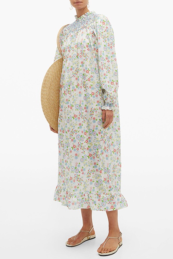 Smocked Floral-Print Cotton Maxi Dress from Loretta Caponi