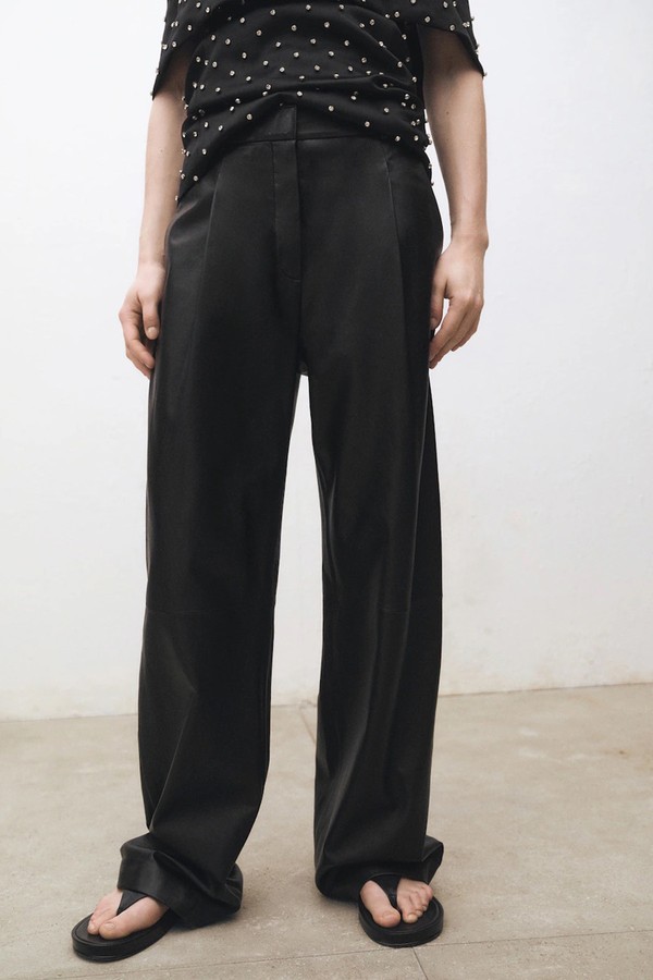 Straight Leather Trousers With Pleat Detail from Mango