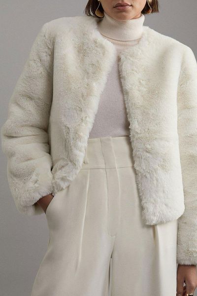 Collarless Faux Fur Jacket