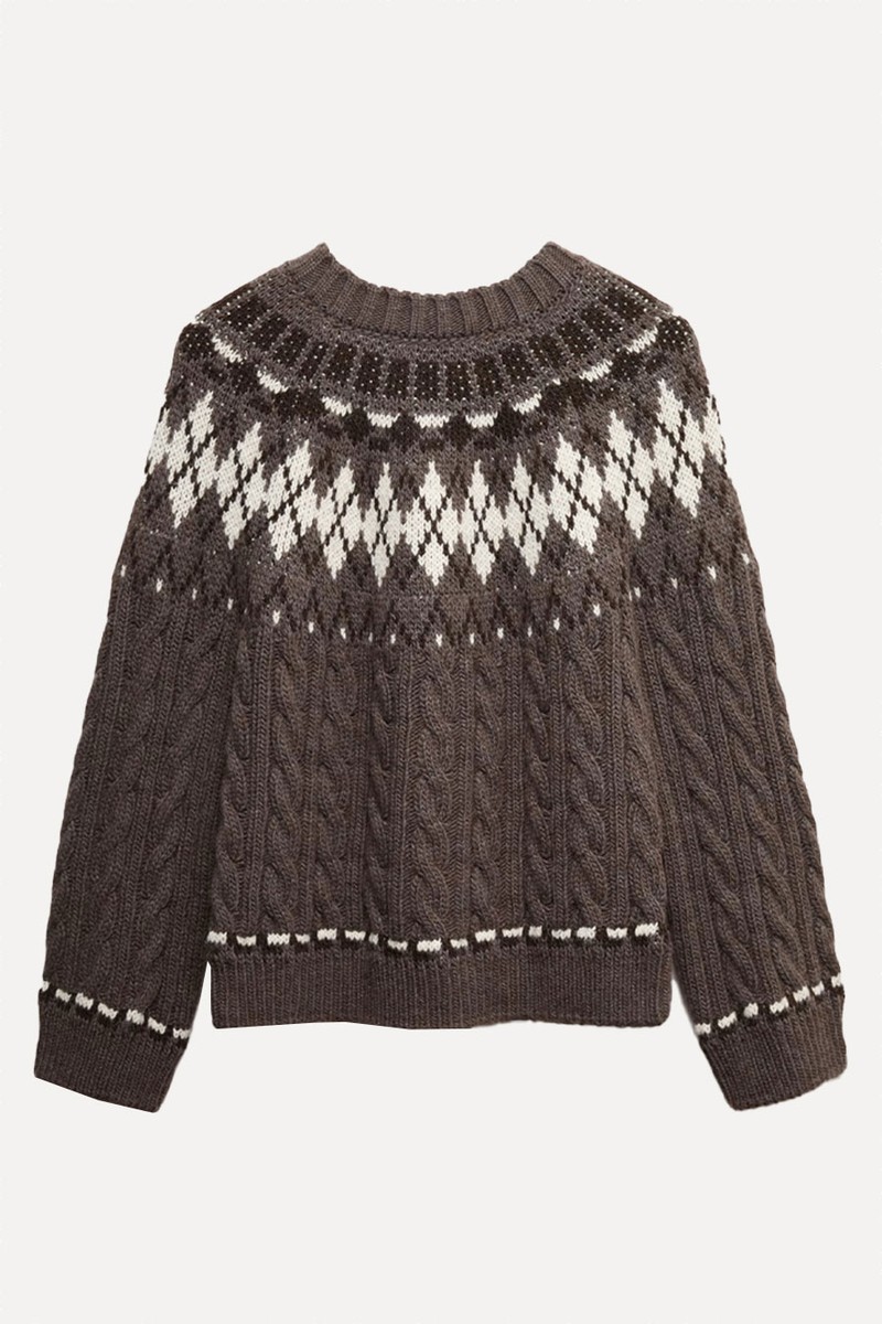Cable Knit Fair Isle Crew Neck Jumper