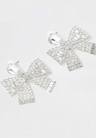 White Bow Drop Diamante Earrings