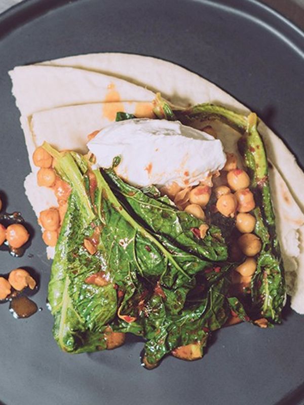 Harissa Spiced Chickpeas, Flatbread, Yogurt & Greens