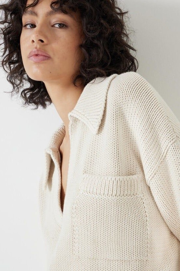Knitted Cotton Collar Jumper With Pocket