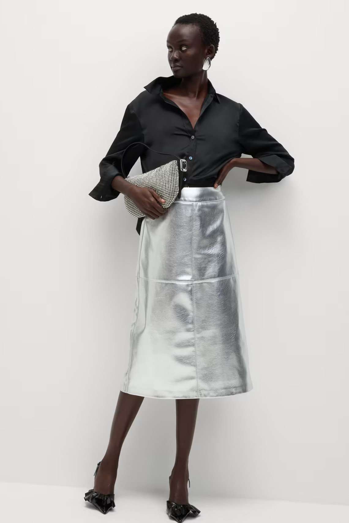 Leather Look Metallic Midi A-Line Skirt