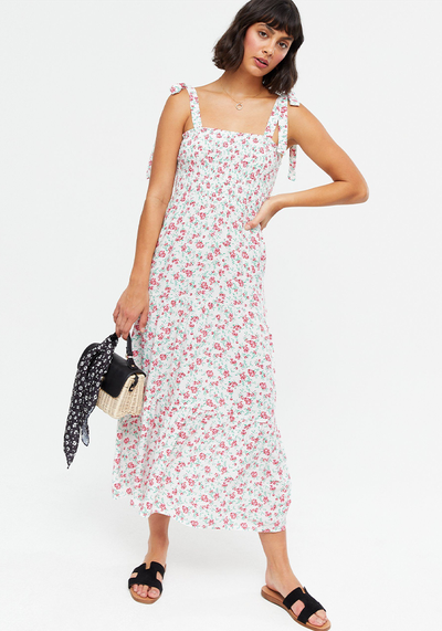 Off White Floral Shirred Tie Strap Tiered Midi Dress 