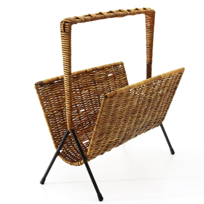 Black Metal and Wicker Magazine Rack, 1950s from Pamono