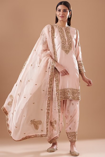 Pink Pure Silk Embroidered A-Line Kurta Set from Sheetal Batra