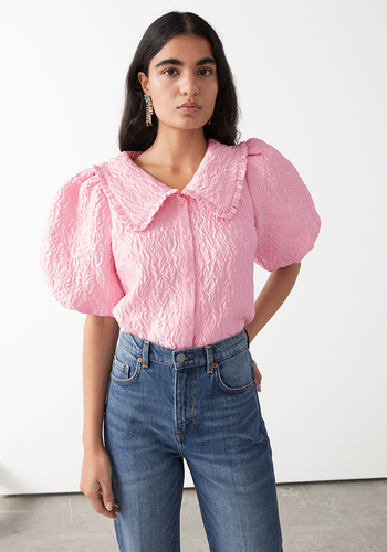 Textured Ruffle Collar Puff Sleeve Top