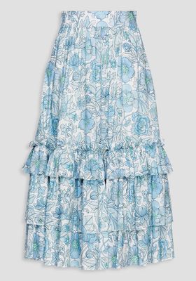 The Righteous Tiered Floral Print Linen And Cotton-Blend Midi Skirt from The Vampire's Wife