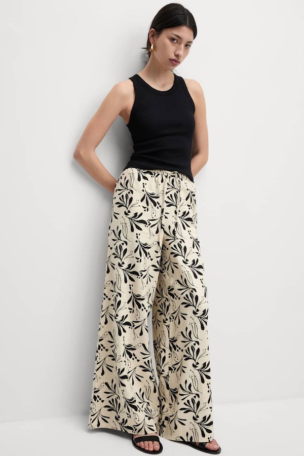Linen Rich Printed Wide Leg Trousers