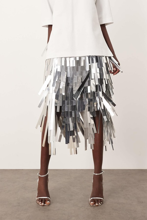 Jumbo Shard Sequin Fringe Hem Midi Skirt from ARRANGE