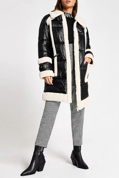 Black Faux Fur Padded Longline Aviator Jacket