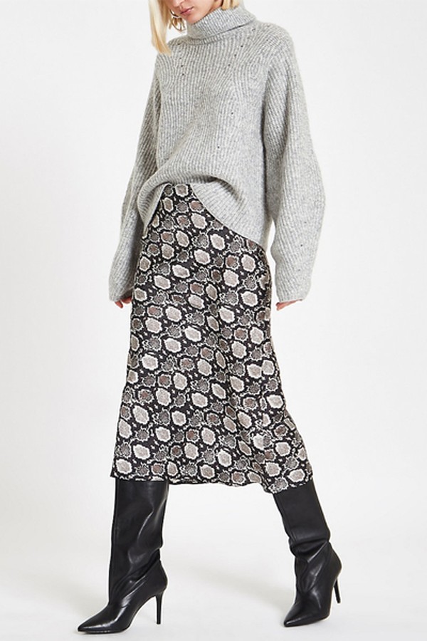 Black Snake Print Satin Midi Skirt