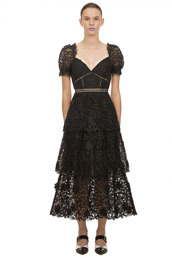 3D Flower Lace Tiered Midi Dress