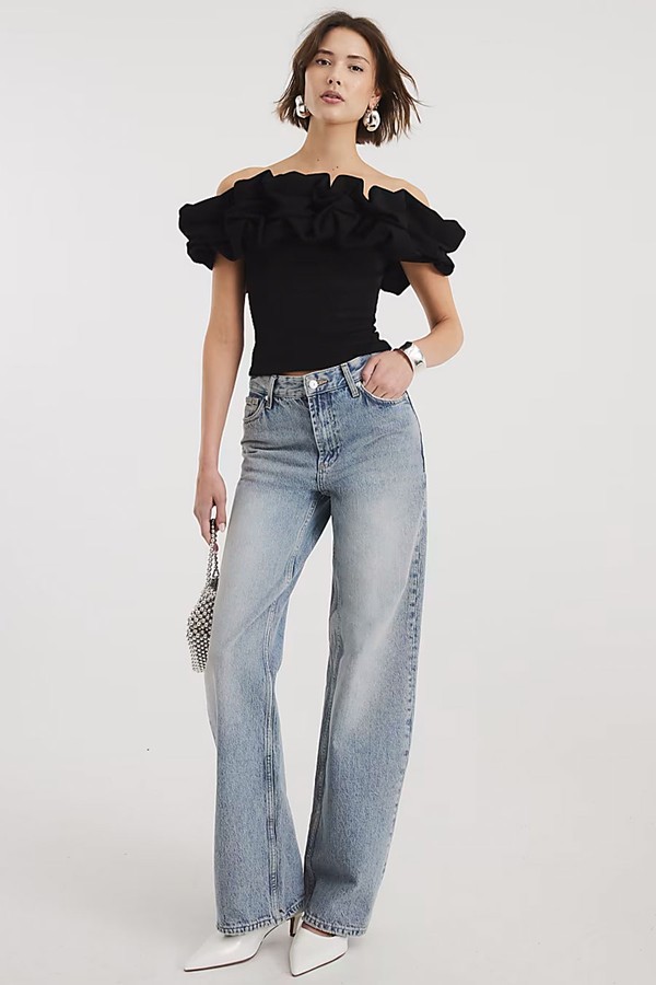 Short Sleeve Ruffle Bardot Top from River Island