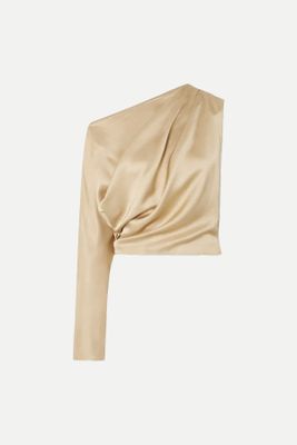 Gilded Cascade Cropped One-Shoulder Draped Satin Top from ESSE Studios