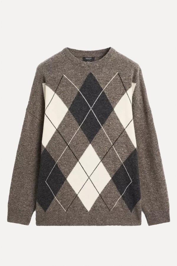 100% Wool Argyle Knit Sweater