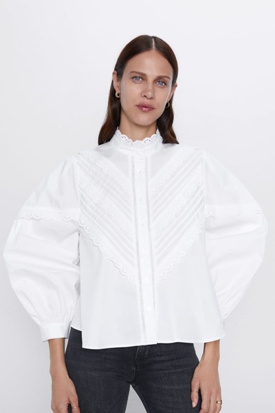 Lace Trim Poplin Blouse