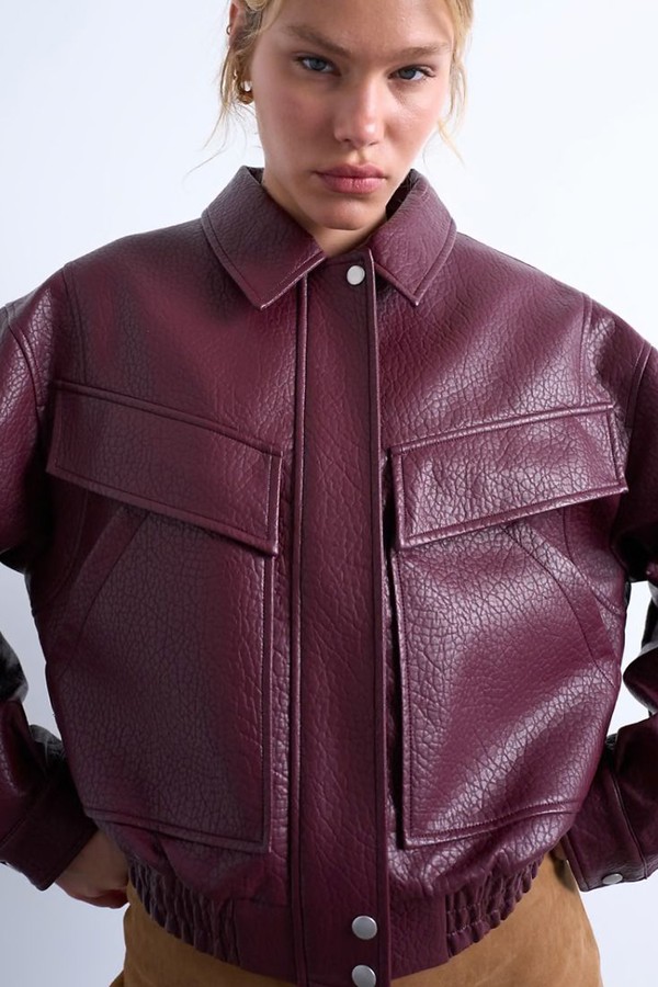 Faux Leather Bubble Boxy Zip Through Bomber Jacket