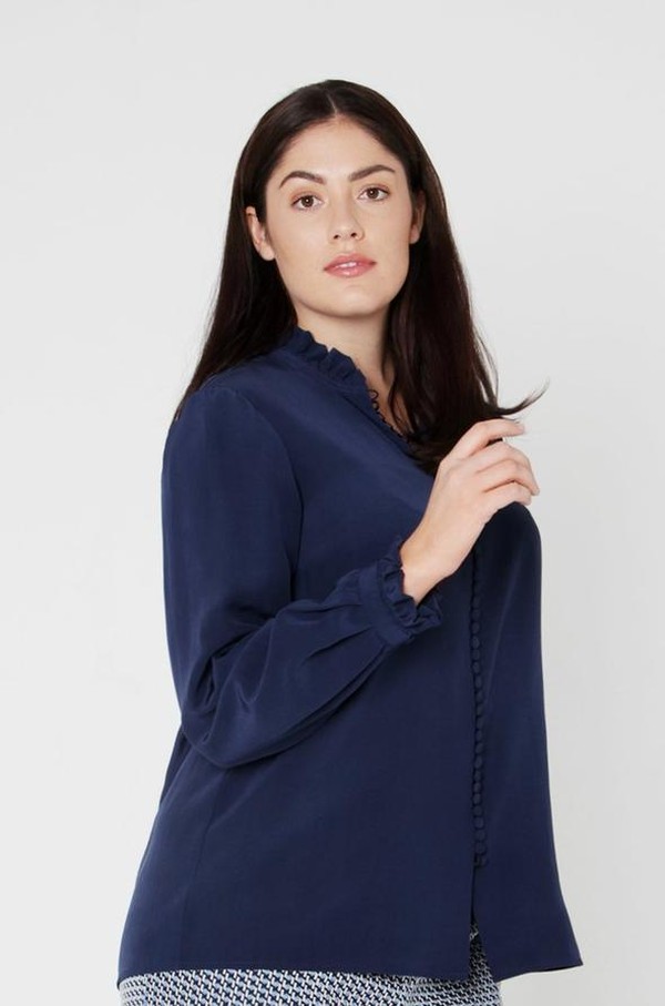 Midnight Blue Crepe De Chine Ruffle Trim Blouse