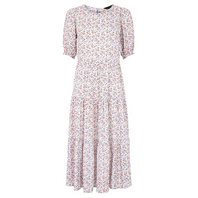 Blue Floral Puff Sleeve Tiered Midi Dress from New Look