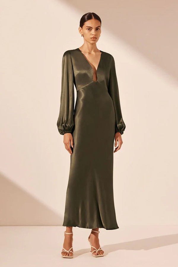 La Lune Plunged Neck Balloon Sleeve Midi Dress from Shona Joy
