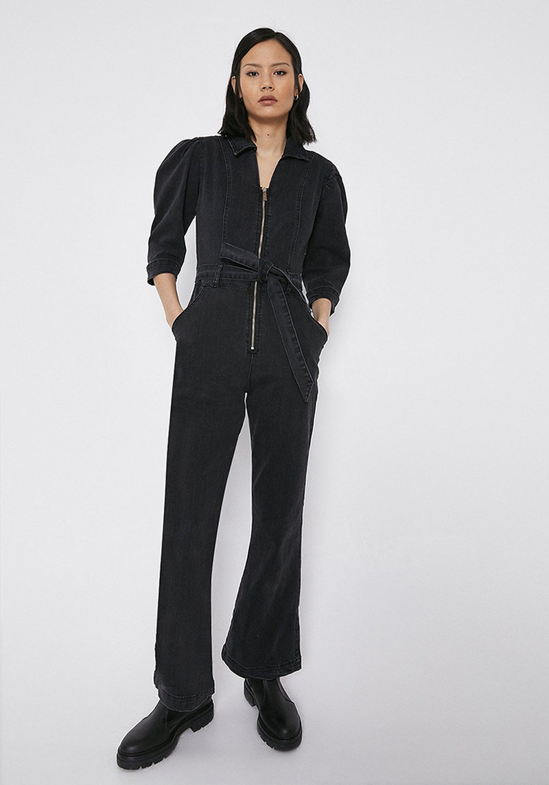 Zip Front Washed Black Denim Jumpsuit