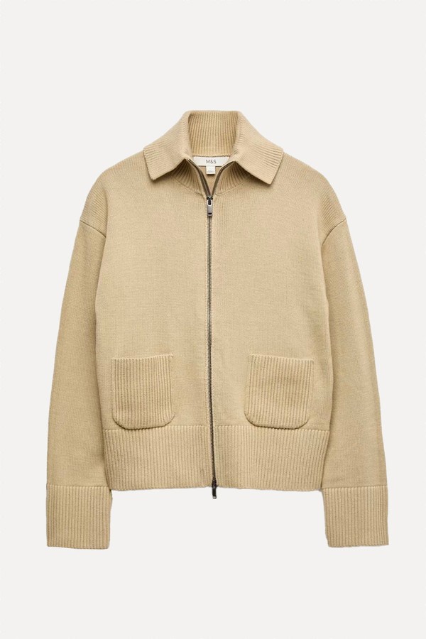 Cotton Rich Pocket Detail Collared Knitted Jacket