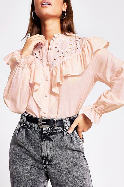 Long Sleeve Broderie Frill Shirt from River Island