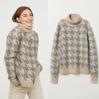 Knitted Polo-neck Jumper (Beige/Light Grey)