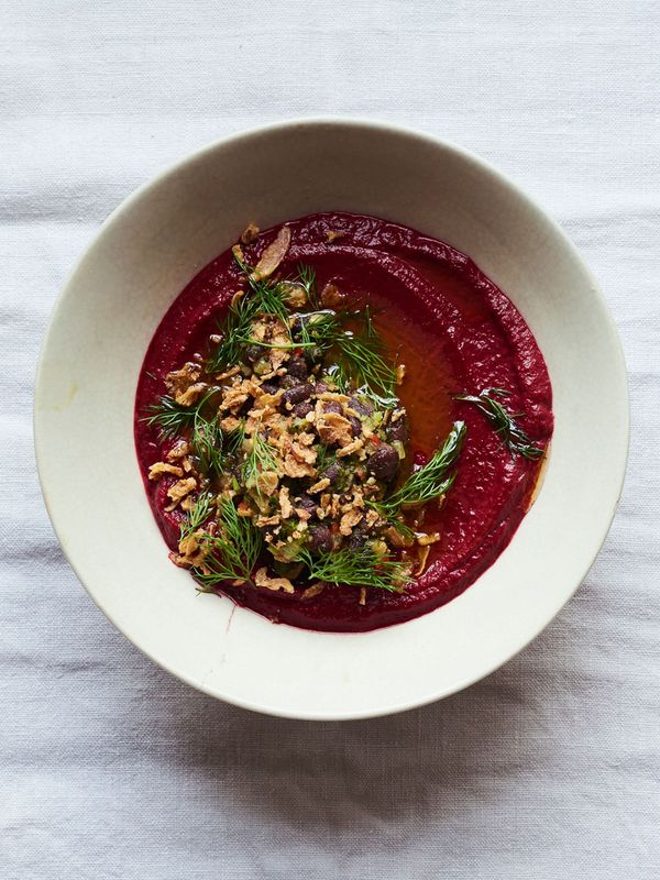 Beetroot Soup With Black Beans & Crispy Shallots