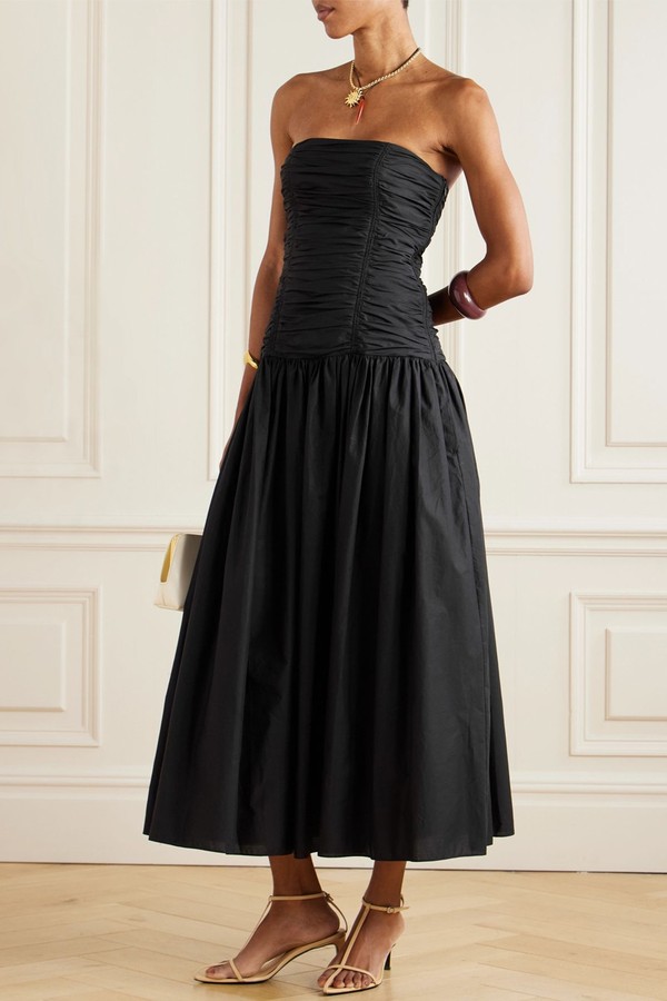 Strapless Ruched Organic Cotton-Poplin Midi Dress from Matteau