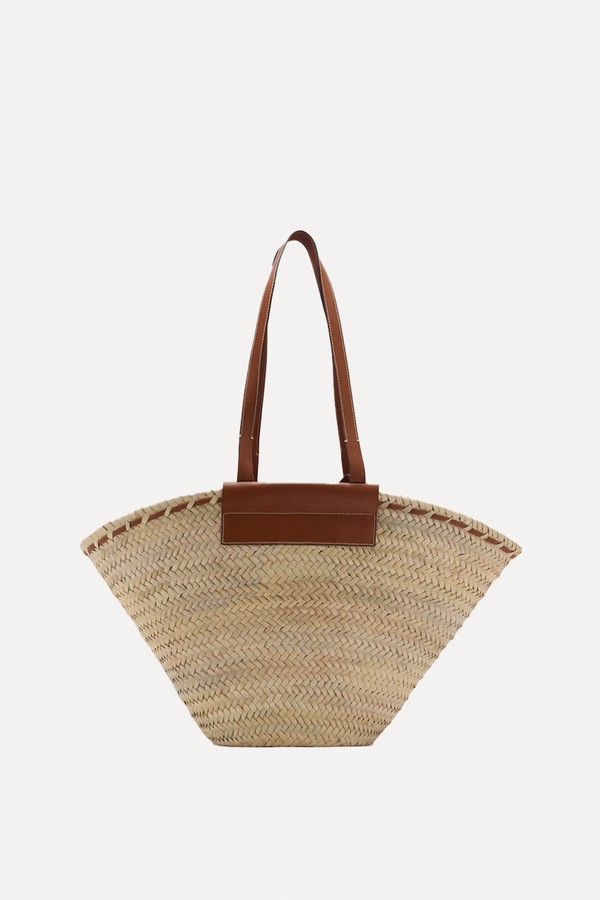 Large Natural Fiber Basket With Leather Handle