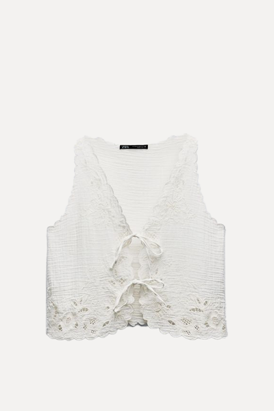 Embroidered Cotton Muslin Top With Ties from Zara