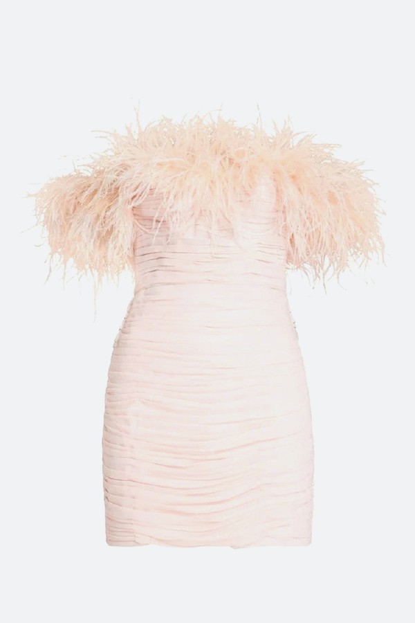 Chelsea Blush Feather-Trimmed Mini Dress from Sau Lee