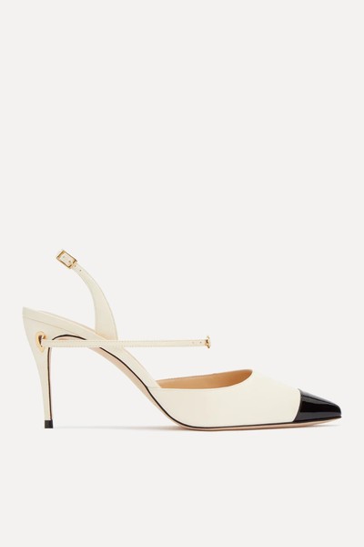 Vittorio 85 Ivory Nappa Black Patent Micro Toe Cap Heels from Jennifer Chamandi