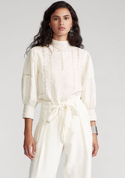 Lace-Trim Linen Blouse