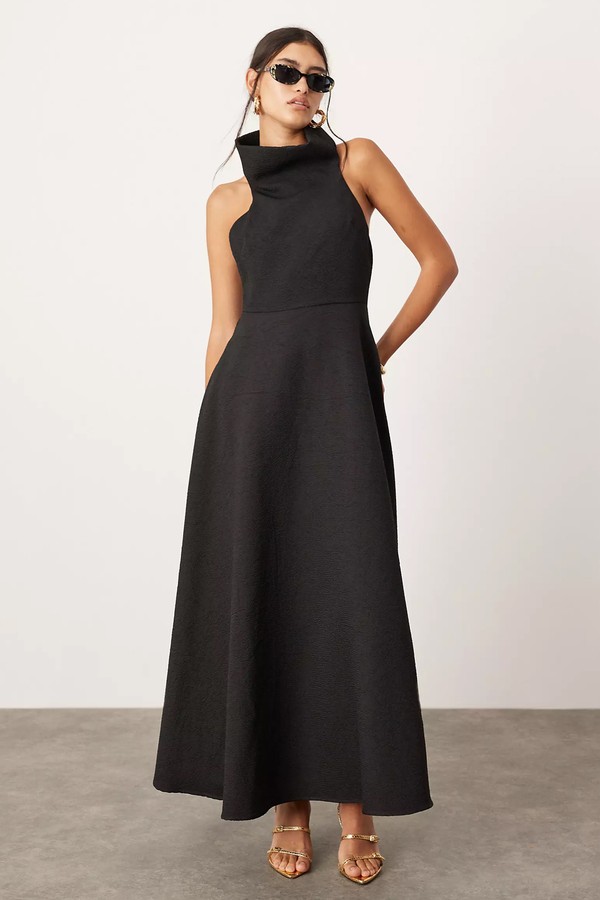 Textured Dramatic Halter A Line Maxi Dress