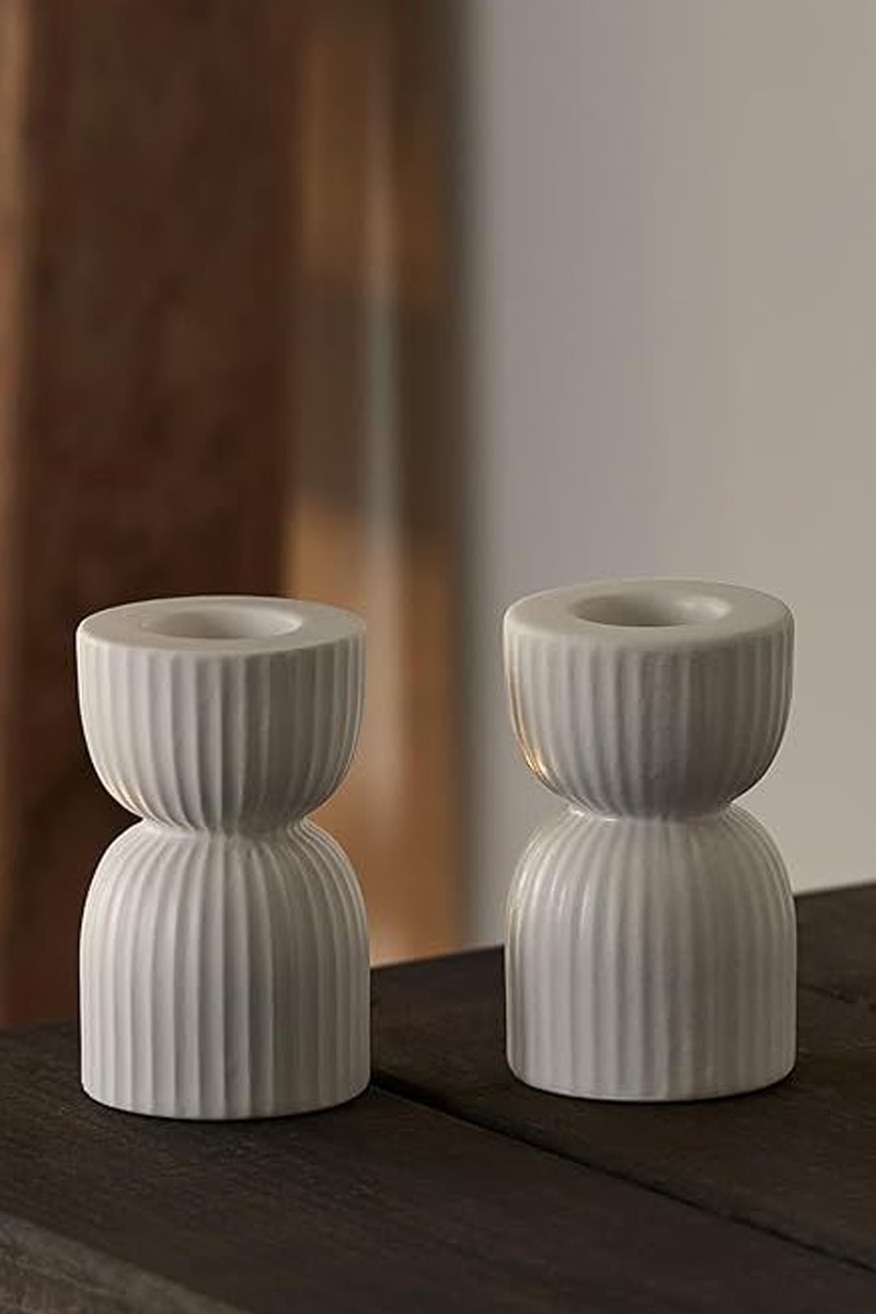 Set of 2 Matte White Ceramic Taper Candle Candlestick Holders from Lights4fun