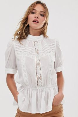 High Neck Top In Cotton With Lace Insert from ASOS Design