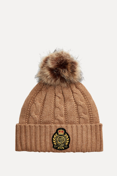 Crest-Patch Pom-Pom Cable-Knit Beanie