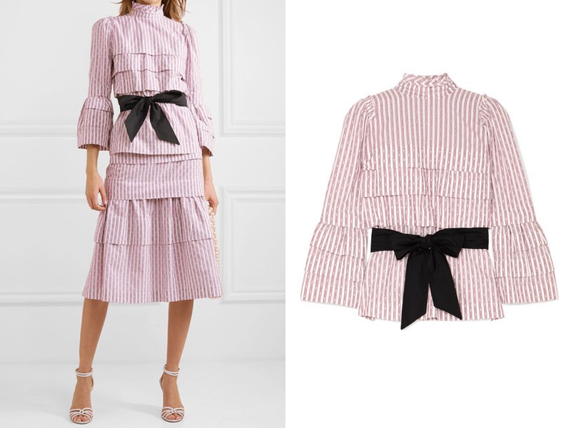Mademoiselle Belted Tiered Striped Fil Coupé Blouse from Anna Mason