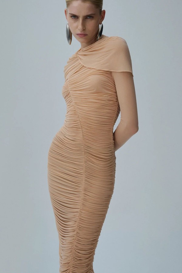 Draped High Neck Midi Dress