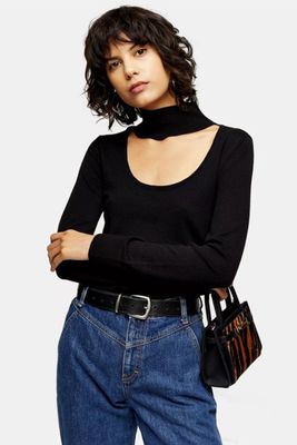 Black Choker Scoop Neck Knitted Top