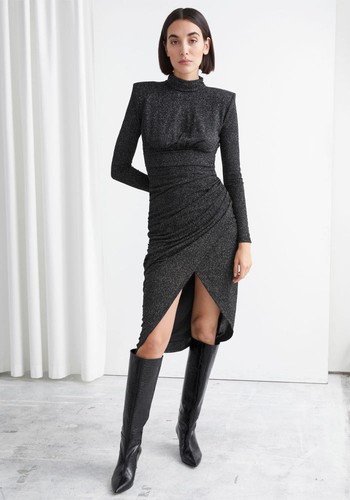 Draped Padded Shoulder Midi Turtleneck Dress