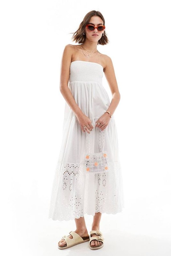 Shirred Bandeau Broderie Maxi Dress