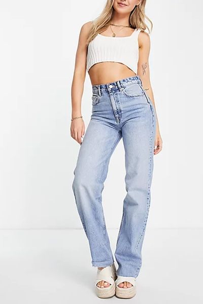 Straight Leg High Waist Jeans With Frayed Hem from Pull & Bear