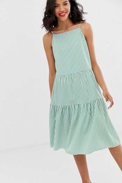 Gathered Pleated Midi Dress In Green & White Stripes