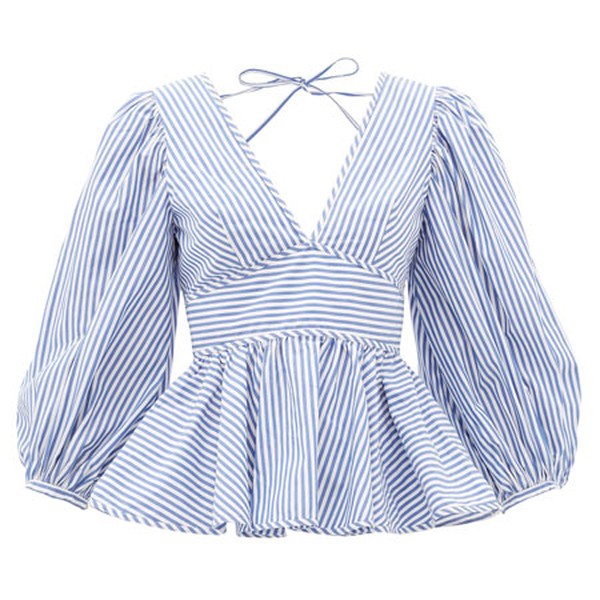 Peplum-Hem Striped Cotton-Poplin Blouse from Staud