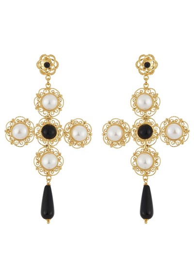 Black & Pearl Cross Earrings